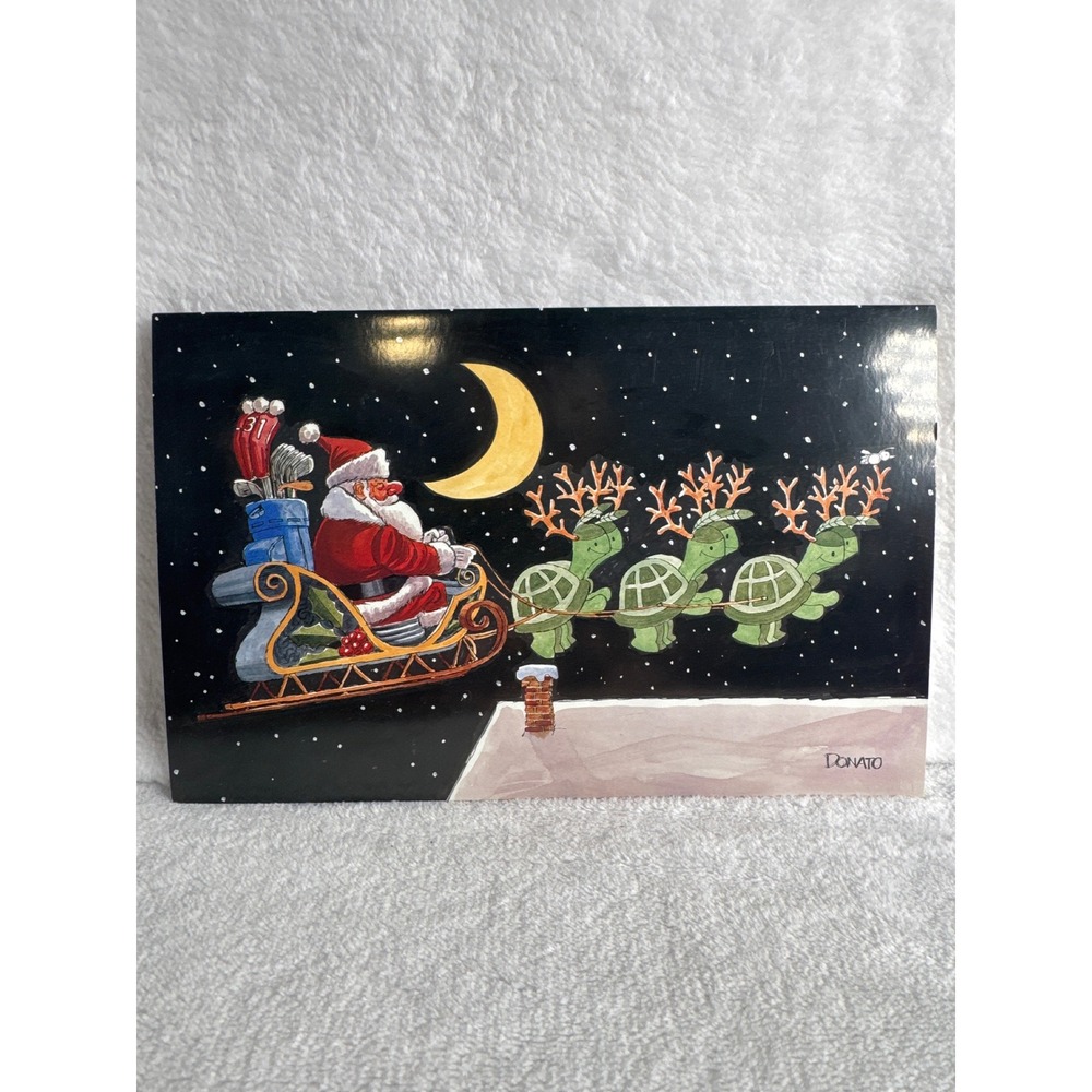 Vintage Donato Christmas Card Santa Sleigh Turtles Golf Unisex OS Black Like New